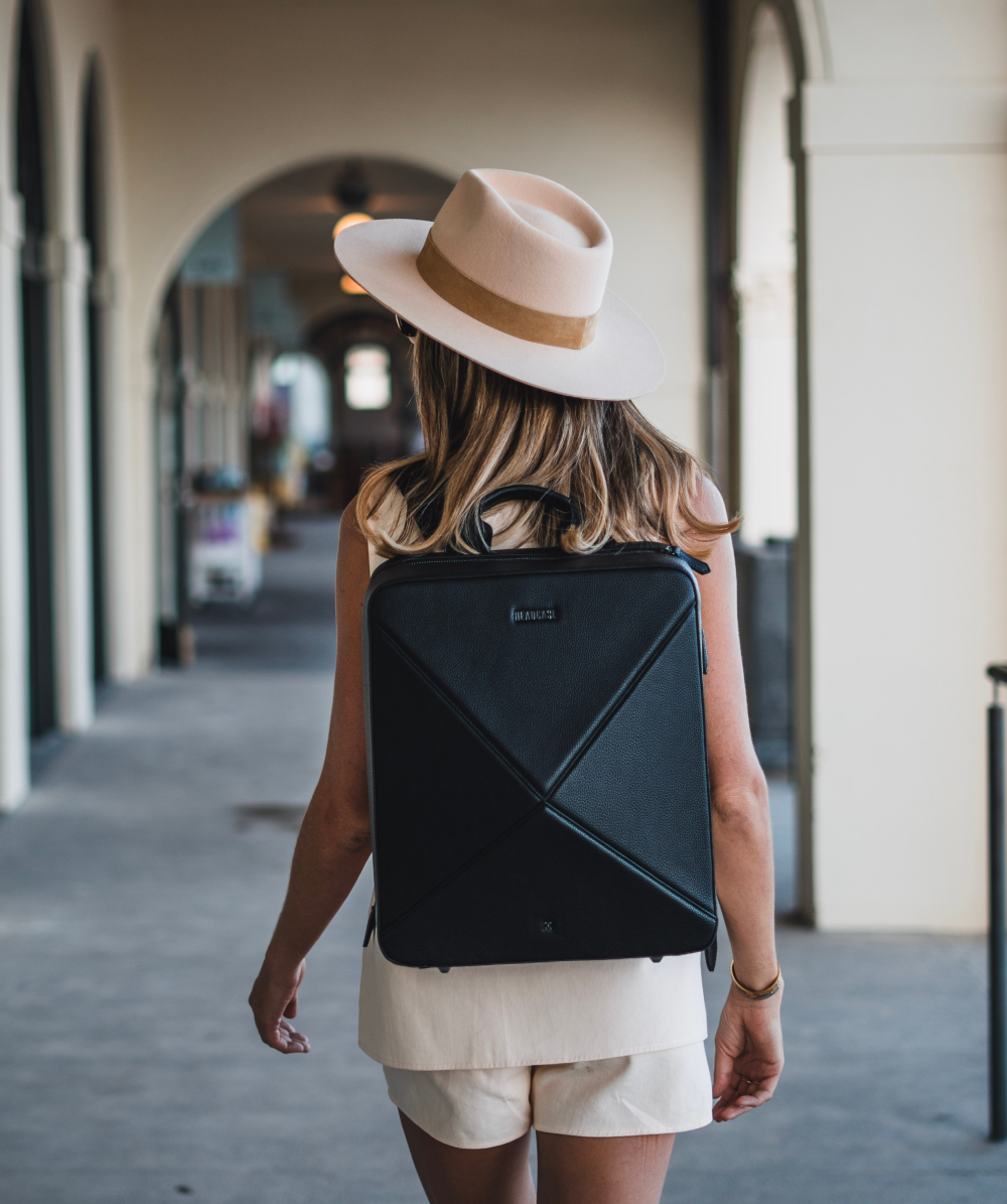 headcase backpack byron boho noir black backpack on traveling model with hat